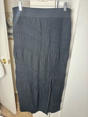 Adrienne Landau Black Textured Midi Skirt with Front Slit